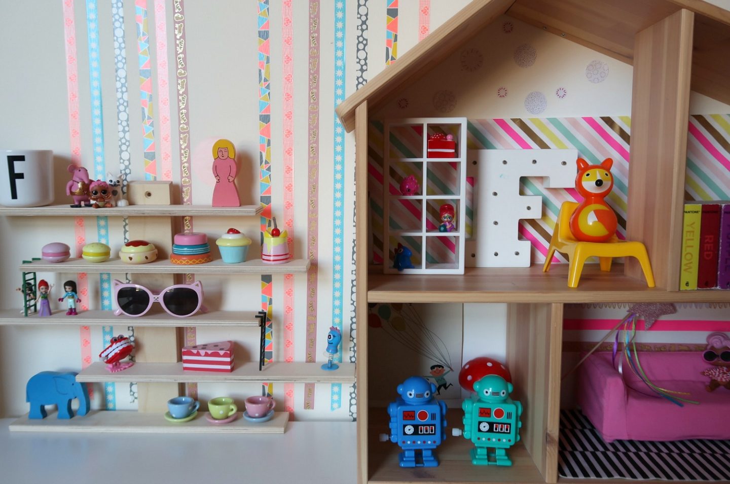 IKEA Flisat dollshouse storage and IKEA Lugtisgt shelves - storage hacks for kids rooms