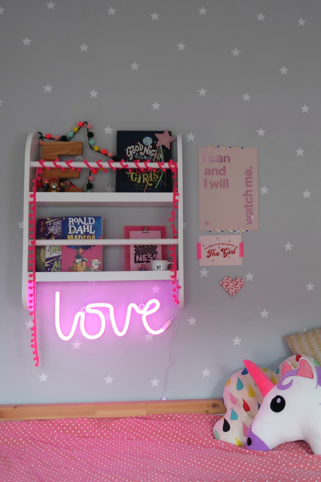 Star print wallpaper and Greenaway bookcase from GLTC - pink and grey children's rooms
