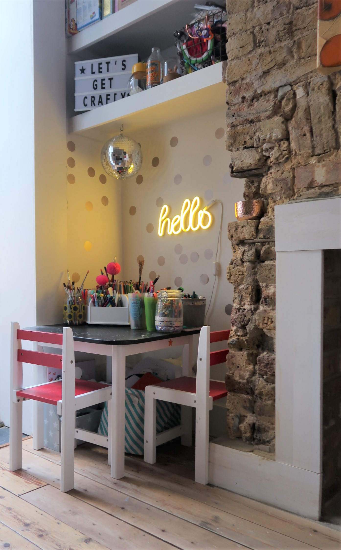 Neon light and a children's crafts station 